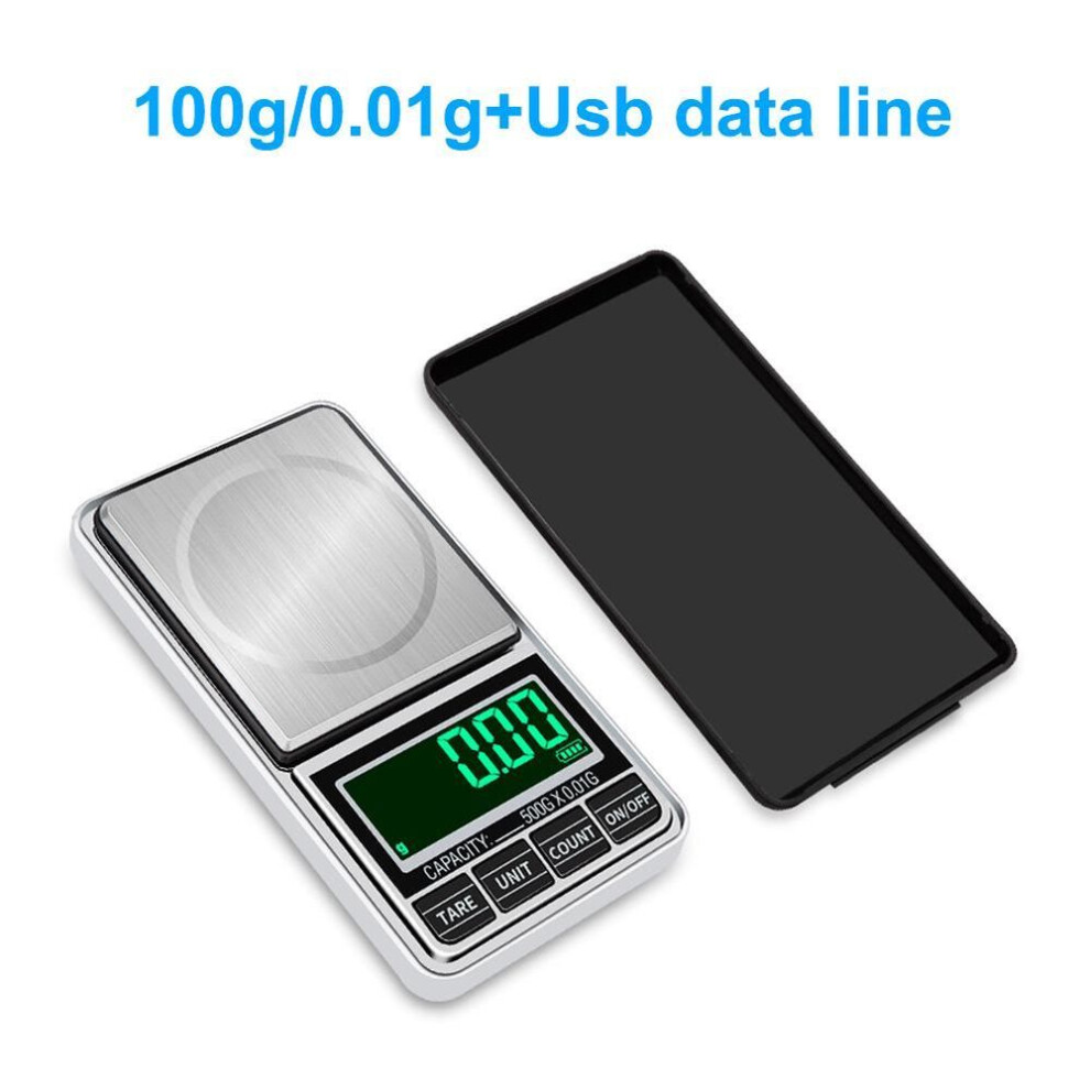 (silver, 100g/0.01g+USB line) Portable Electronic Jewelry Scale 0.01g 100g/200g/300g/500g/1000g USB Plug-in Pocket Scales