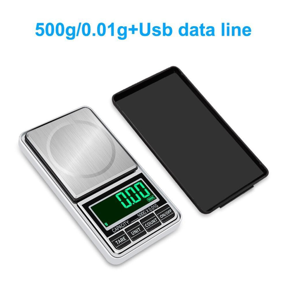 (silver, 500g/0.01g+USB line) Portable Electronic Jewelry Scale 0.01g 100g/200g/300g/500g/1000g USB Plug-in Pocket Scales