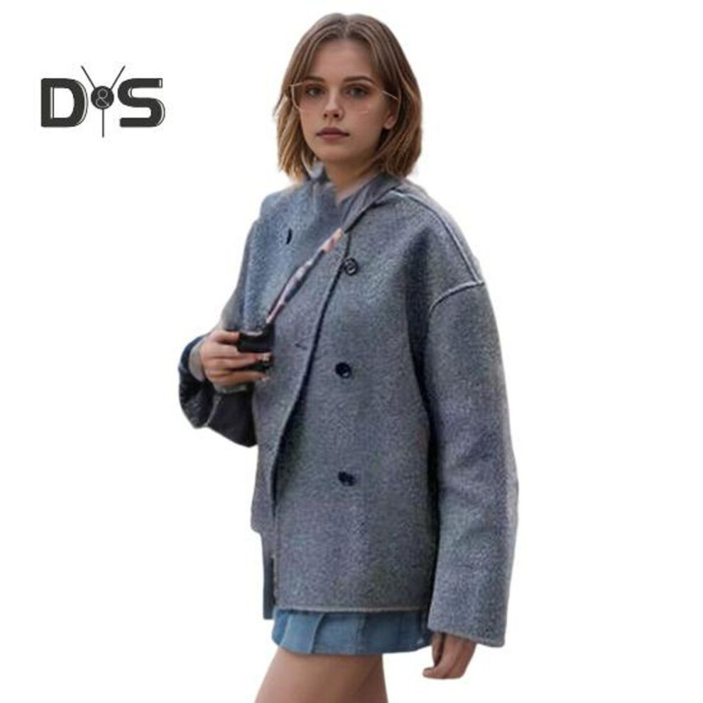 (grey, M) Fall Winter Women Jacket Single-breasted Double-breasted Thickened Cardigan Loose Long Sleeves Stand Collar Chest Pockets Outwear Coat