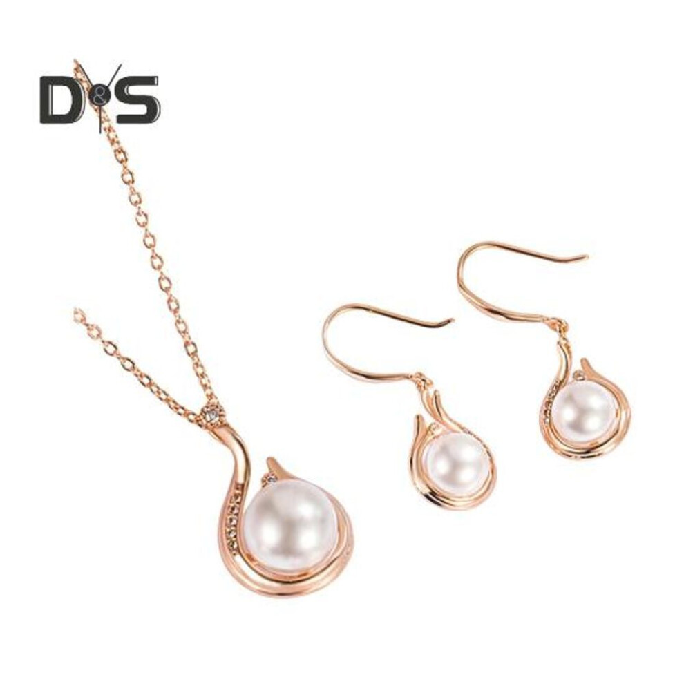 (rose gold) 1 Set Women Jewelry Set Faux Pearl Rhinestone Decor Adjustable Length Polished Hanging Earrings Prom Party Bride Wedding Pendant Necklace