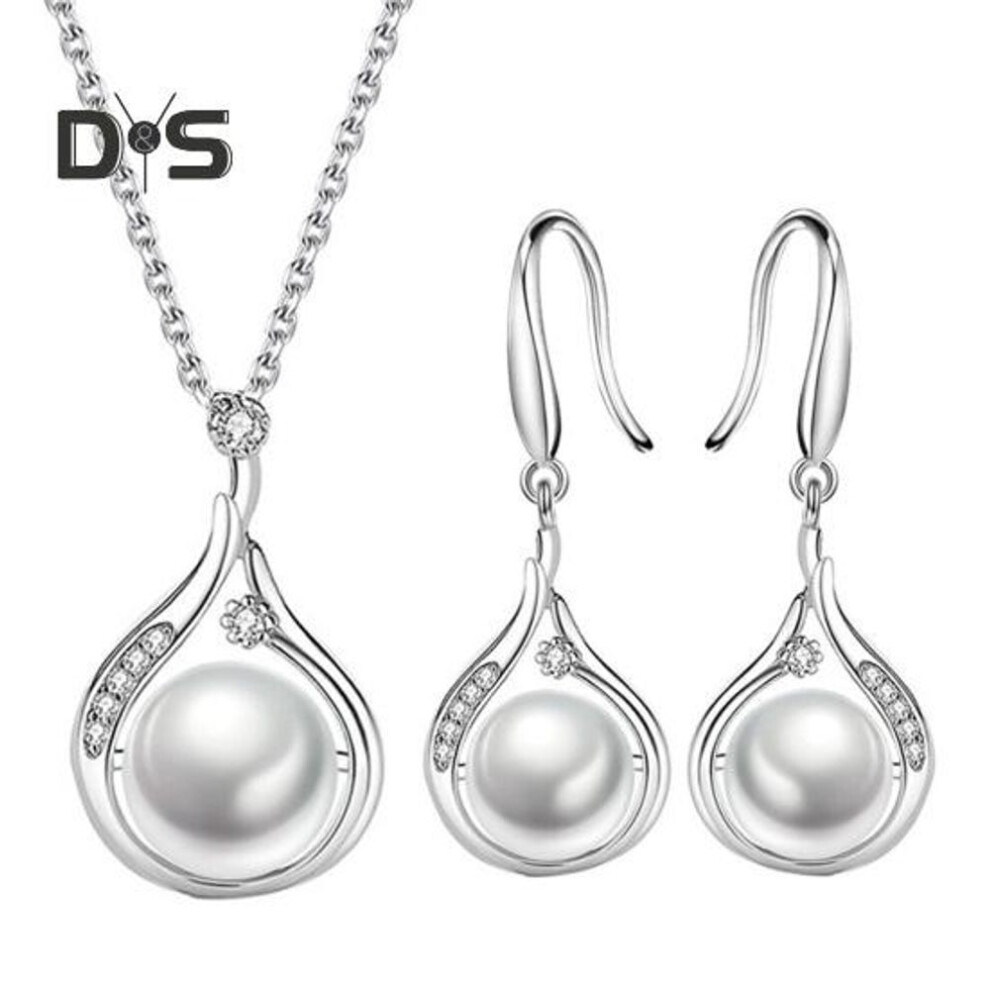 (silver white) 1 Set Women Jewelry Set Faux Pearl Rhinestone Decor Adjustable Length Polished Hanging Earrings Prom Party Bride Wedding Pendant Necklace