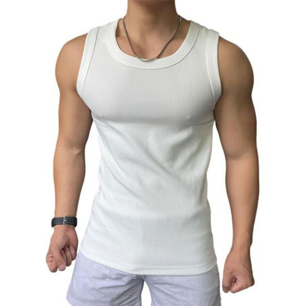 (white, M) Men Sport Vest Round Neck Sleeveless Slim Fit Elastic Solid Color Tank Tops Ribbed Exercise Fitness Tops