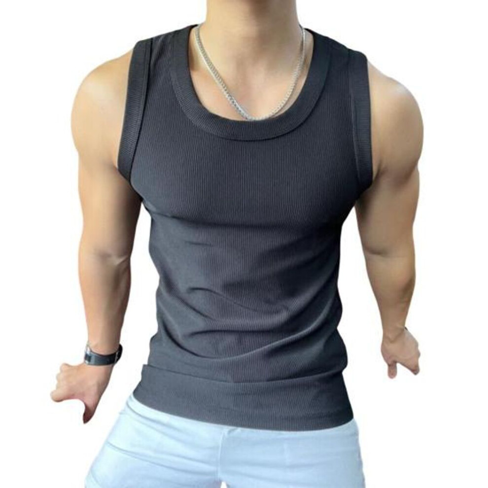 (black, XL) Men Sport Vest Round Neck Sleeveless Slim Fit Elastic Solid Color Tank Tops Ribbed Exercise Fitness Tops