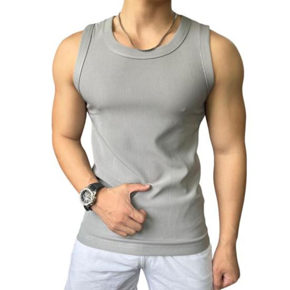 (light grey, L) Men Sport Vest Round Neck Sleeveless Slim Fit Elastic Solid Color Tank Tops Ribbed Exercise Fitness Tops