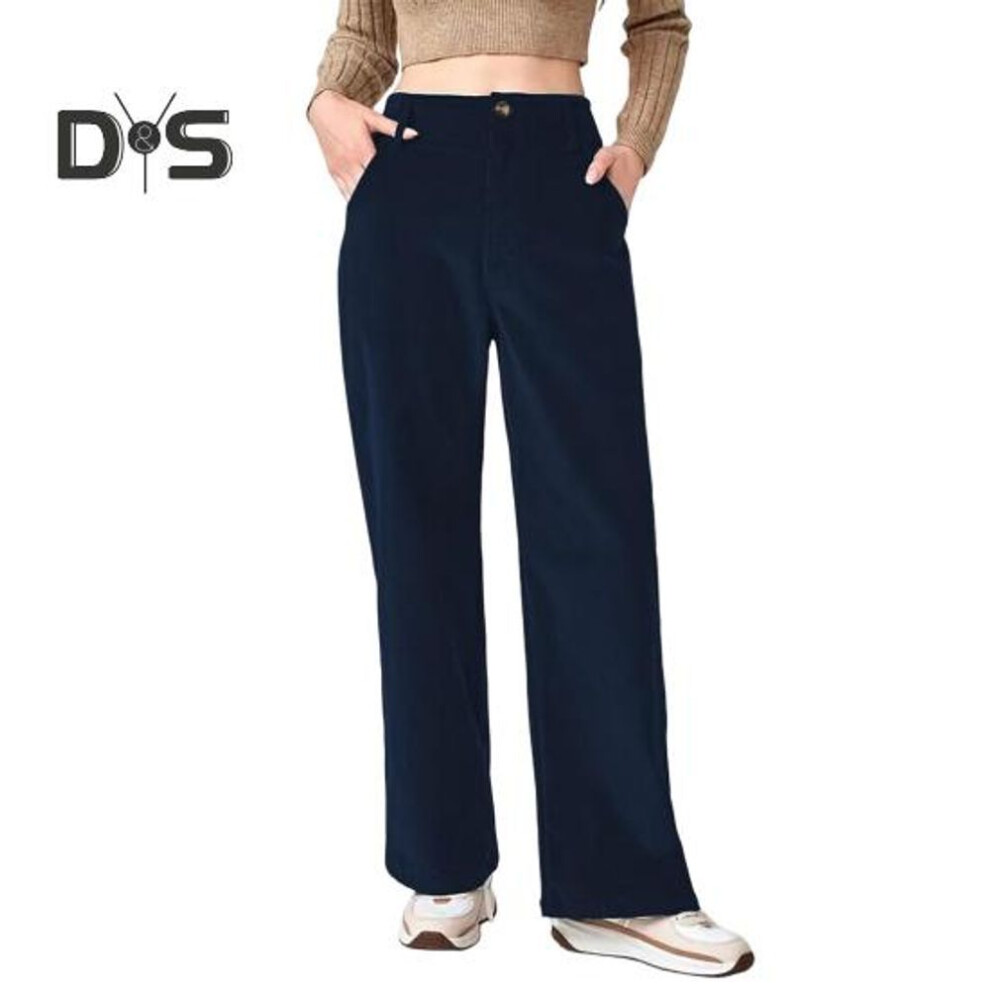 (blue, L) Women Corduroy Long Pants High Waist Button Zipper Fly Solid Color Straight Wide Leg Trousers with Pockets Daily Wear