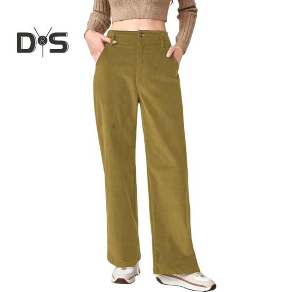 (yellow, S) Women Corduroy Long Pants High Waist Button Zipper Fly Solid Color Straight Wide Leg Trousers With Pockets Daily Wear