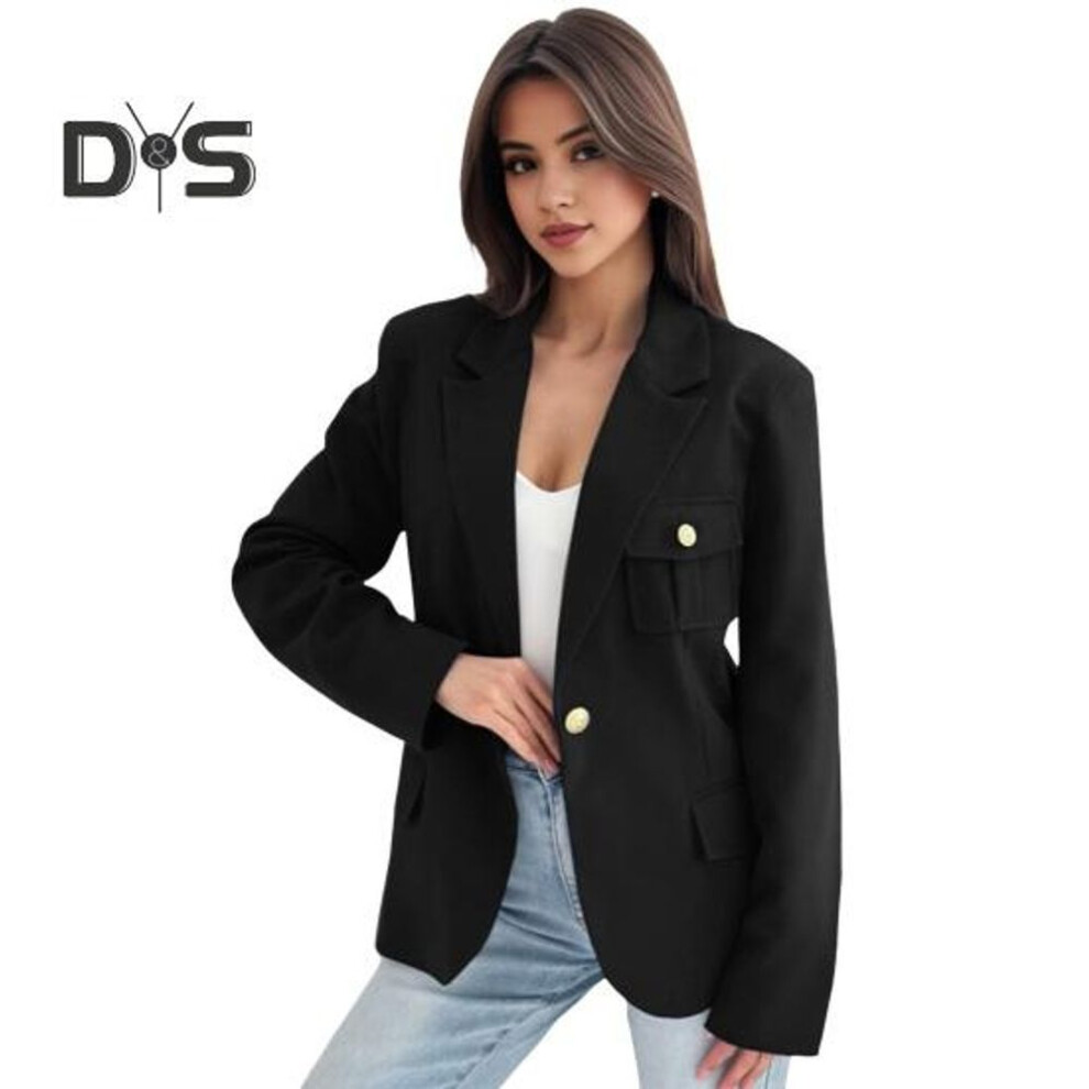 (black, XXL) Women Suit Coat Lapel Long Sleeve Flap Pockets Suit Jacket Solid Color Single Button Office Lady Outwear