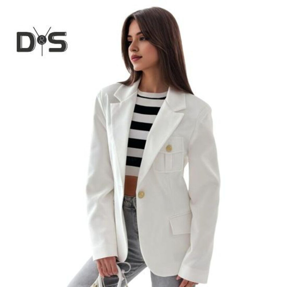 (white, S) Women Suit Coat Lapel Long Sleeve Flap Pockets Suit Jacket Solid Color Single Button Office Lady Outwear