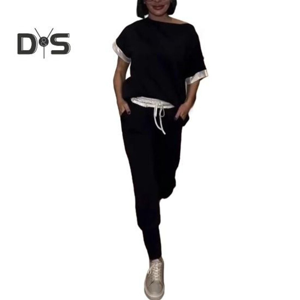 (black, M) 2pcs/set Women Outfit Off-shoulder Short Sleeve Sequins Splicing Cuffs Tops Elastic Drawstring Waist Long Trousers Set