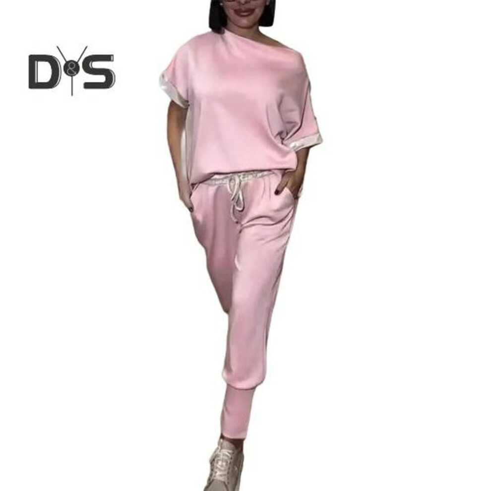 (pink, L) 2pcs/set Women Outfit Off-shoulder Short Sleeve Sequins Splicing Cuffs Tops Elastic Drawstring Waist Long Trousers Set