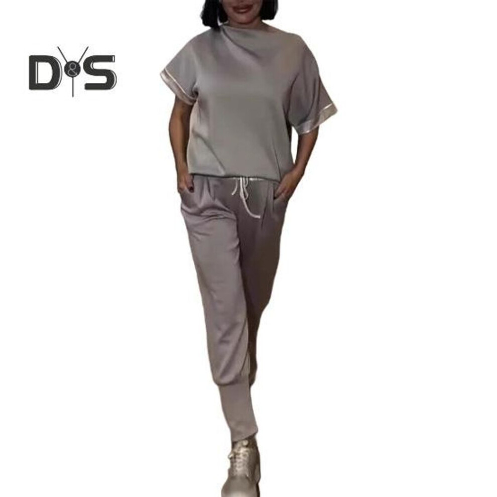 (grey, L) 2pcs/set Women Outfit Off-shoulder Short Sleeve Sequins Splicing Cuffs Tops Elastic Drawstring Waist Long Trousers Set