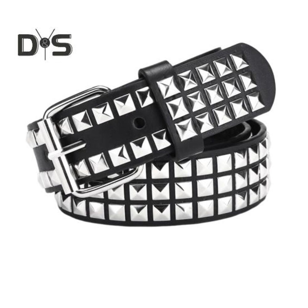 (as the picture, 110cm G) Punk Rock Rivet Belt Studded Belt Grommet Threads Belt Square Rivets Pyramid Metal Inlays Adjustable Straps Imitation Leather Belt