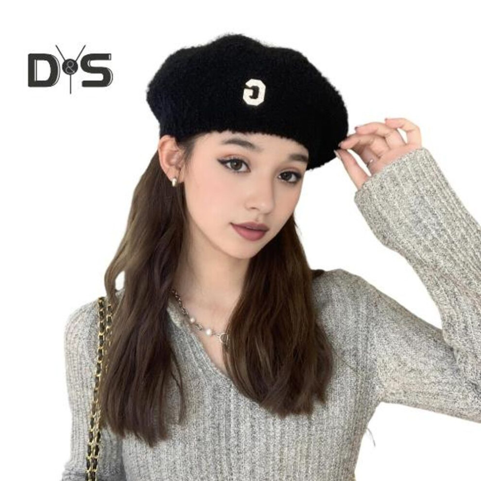 (black) Lady Winter Beanie Rhinestone Letter Decor Japanese Style Elastic Beret Anti-slip Keep Warm Knitted Cap Solid Color Painter Hat