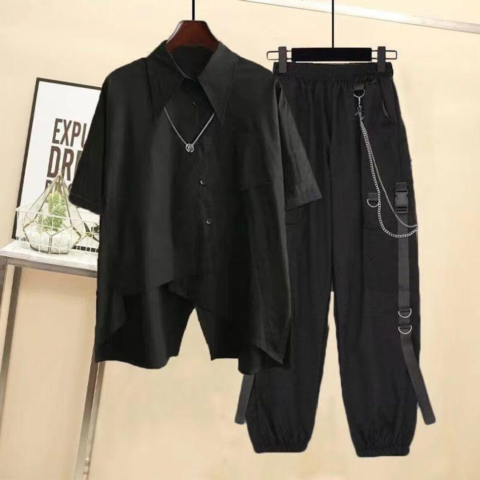 (black, XXL) Summer Women's Loose 2PCS  Streetwear Outfits Loose Long Sleeve Shirt Ribbon Chain Cargo Pants 2 Piece Sets Casual Unisex Couple Suitit