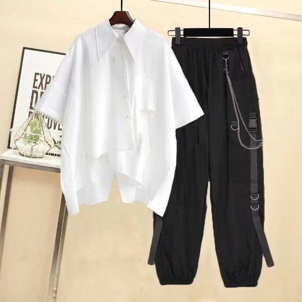 (white, XXL) Summer Women's Loose 2PCS  Streetwear Outfits Loose Long Sleeve Shirt Ribbon Chain Cargo Pants 2 Piece Sets Casual Unisex Couple Suitit
