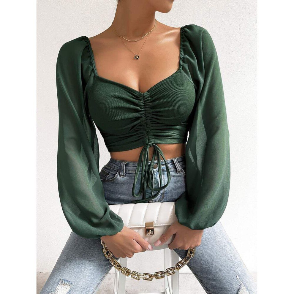 (2XL, dark green) European & American Style 2024 Women's V-Neck Chiffon Lantern Sleeve Slim Fit Top