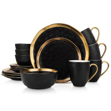 Stone Lain Modern Poreclain 16 Piece Dinnerware Set Plates and Bowls Set Dish set for 4 Black And Golden Rim