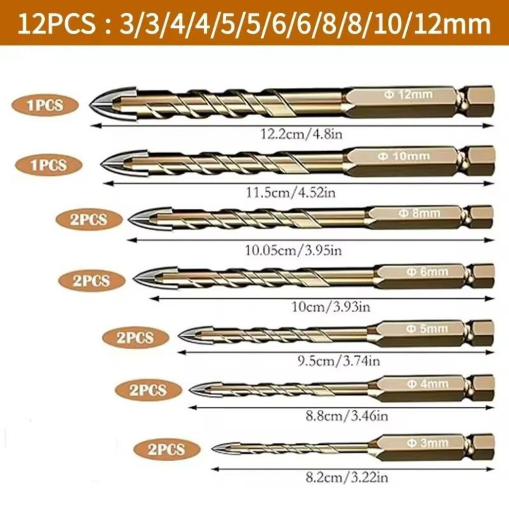 (brass, 12pcs) 12pcs Hexagonal Shank Tile Drill Set Glass Drill Masonry Drill Bit Set 3-12 Mm Drill Ceramic Drill Tile Drilling Tools Set