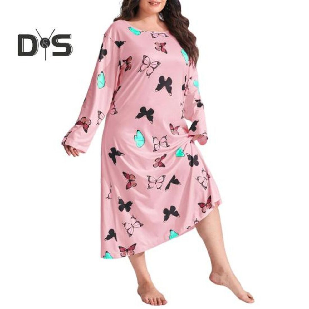 (pink, XXL) Plus Size Nightdress Butterfly Printing Round Neck Nightgown Loose Home Lounging Outfit Long Sleeves Calf Length Sleepwear