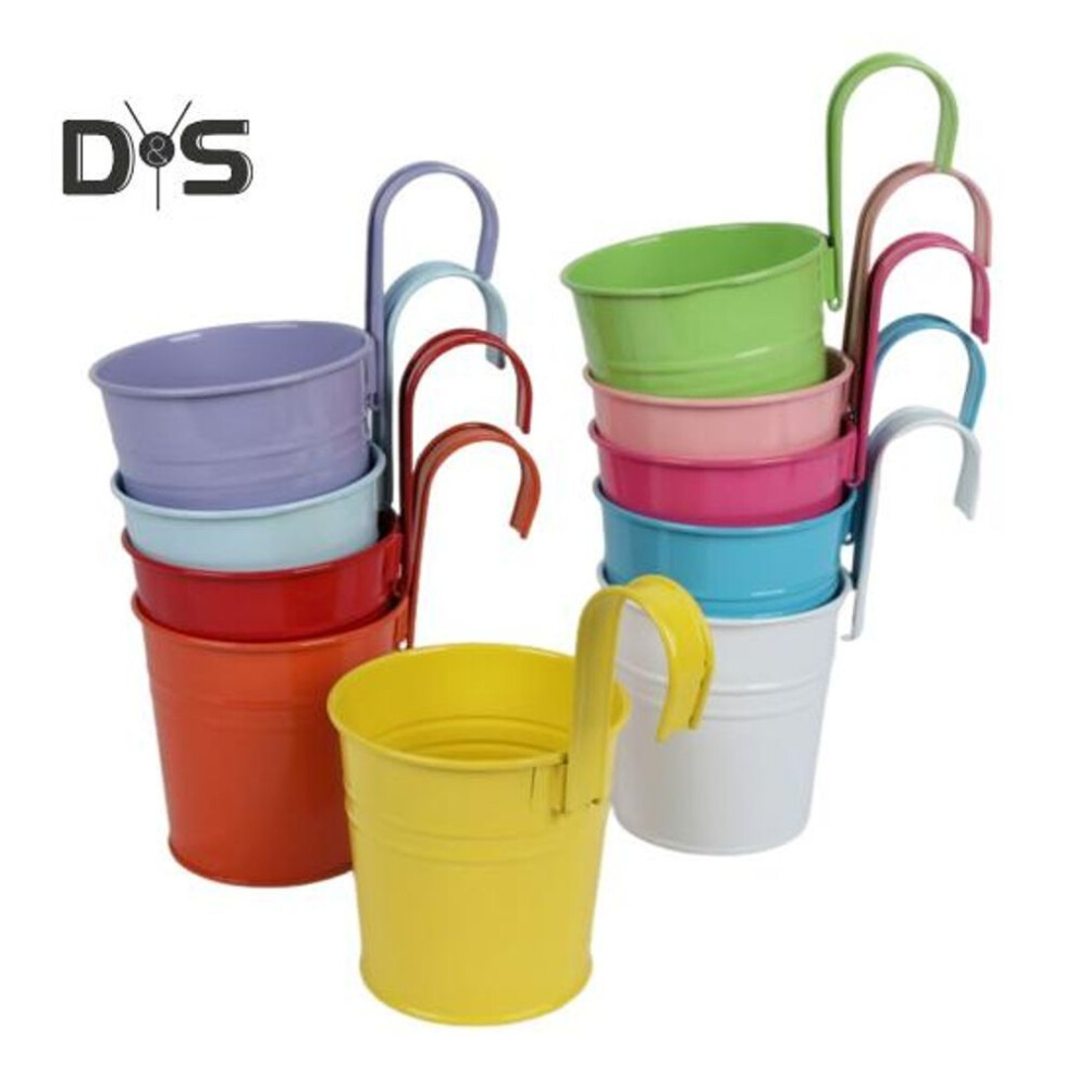 (multicolor, 6pcs) Hanging Planter Pot Metal Bucket Plant Holder Balcony Flowerpot with Detachable Hook Drainage Hole for Garden Railing Fence