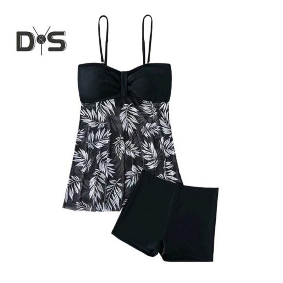 (XL, black) 2Pcs/Set Tankini Set Adjustable Straps Padding Underwire Bandeau Tops Boxer Briefs Set Mesh Splicing Design Beach Swimwear