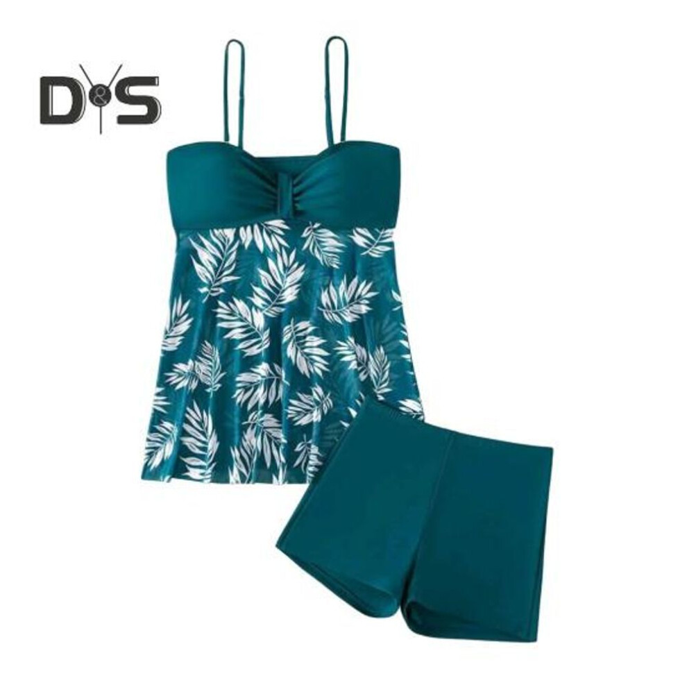 (M, green) 2pcs/set Tankini Set Adjustable Straps Padding Underwire Bandeau Tops Boxer Briefs Set Mesh Splicing Design Beach Swimwear