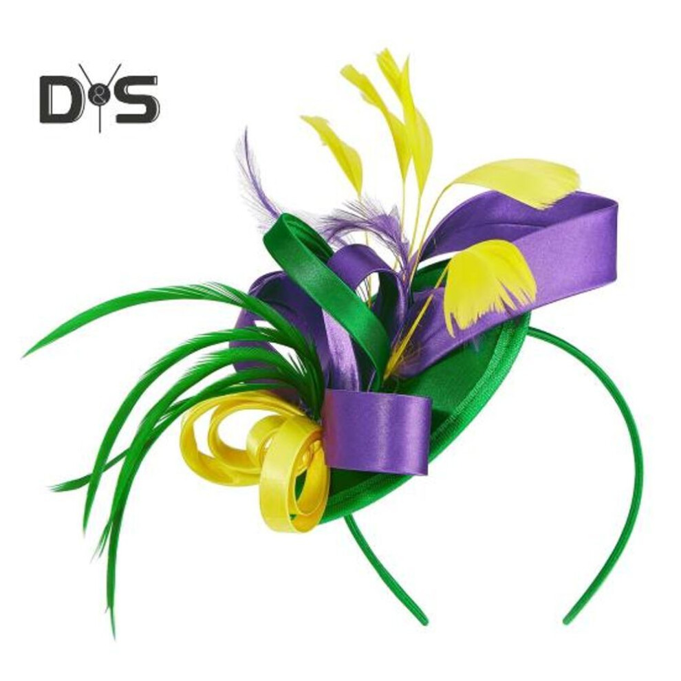 (multicolor) Hair Hoop Fascinator Hat with Hair Clip Elastic Band Faux Feather Ribbon Decor Satin Fabric Women Headband Party Accessories