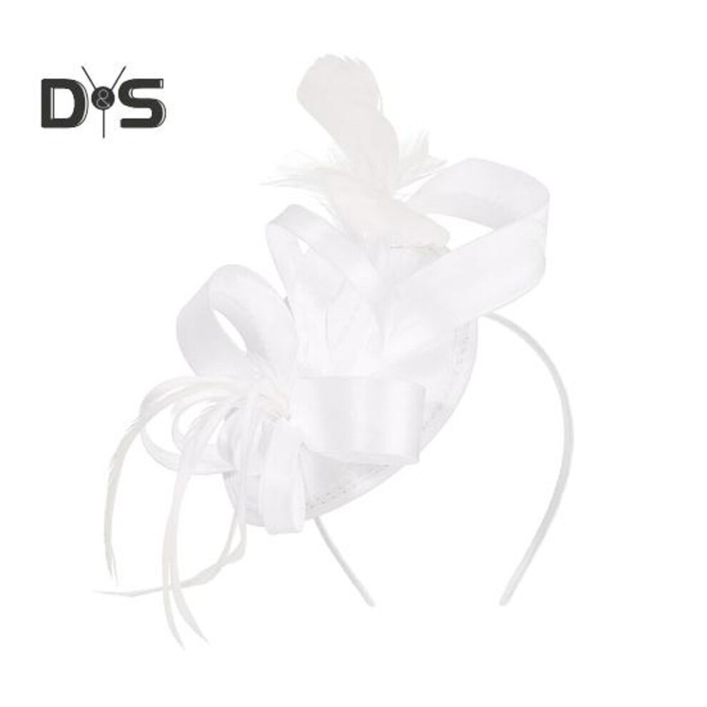 (white) Hair Hoop Fascinator Hat With Hair Clip Elastic Band Faux Feather Ribbon Decor Satin Fabric Women Headband Party Accessories