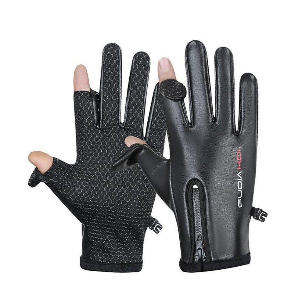 (as the picture, PU zipper flap, One Size) Men's Waterproof Winter Leather Gloves: Windproof, Touchscreen, Fingerless Flip Cover for Cycling, Driving, Fishing, and Takeaway Riding