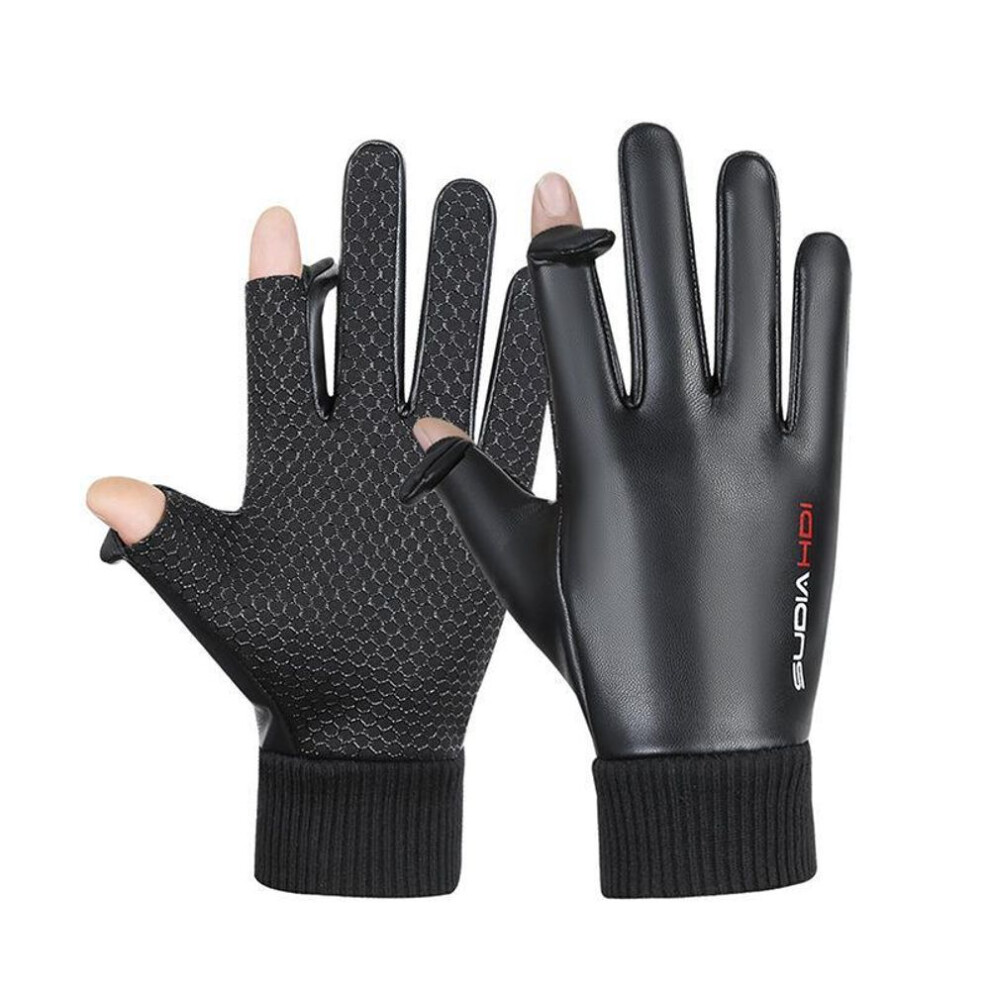 (as the picture, PU cuff flap, One Size) Men's Waterproof Winter Leather Gloves: Windproof, Touchscreen, Fingerless Flip Cover For Cycling, Driving, Fishing, And Takeaway Riding