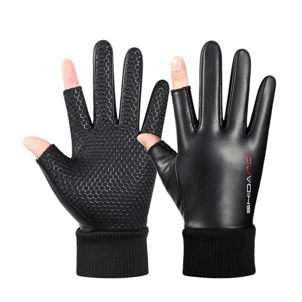 (as the picture, PU cuffs with two fingers exposed, One Size) Men's Waterproof Winter Leather Gloves: Windproof, Touchscreen, Fingerless Flip Cover For Cycling, Driving, Fishing, And Takeaway Riding