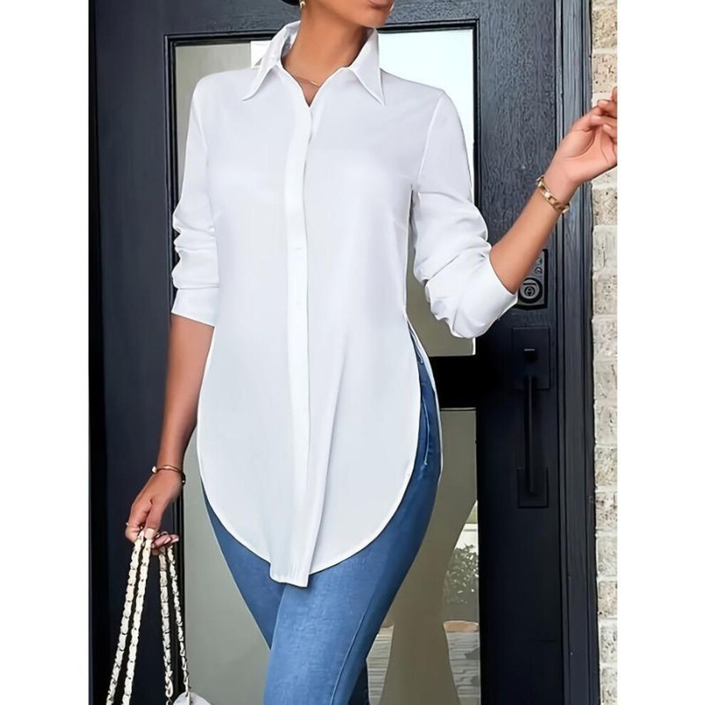(L, white) YYFS Women's Fashion Casual Spring Fall Solid Color Print Long Sleeve POLO Neck Blouses & Shirts