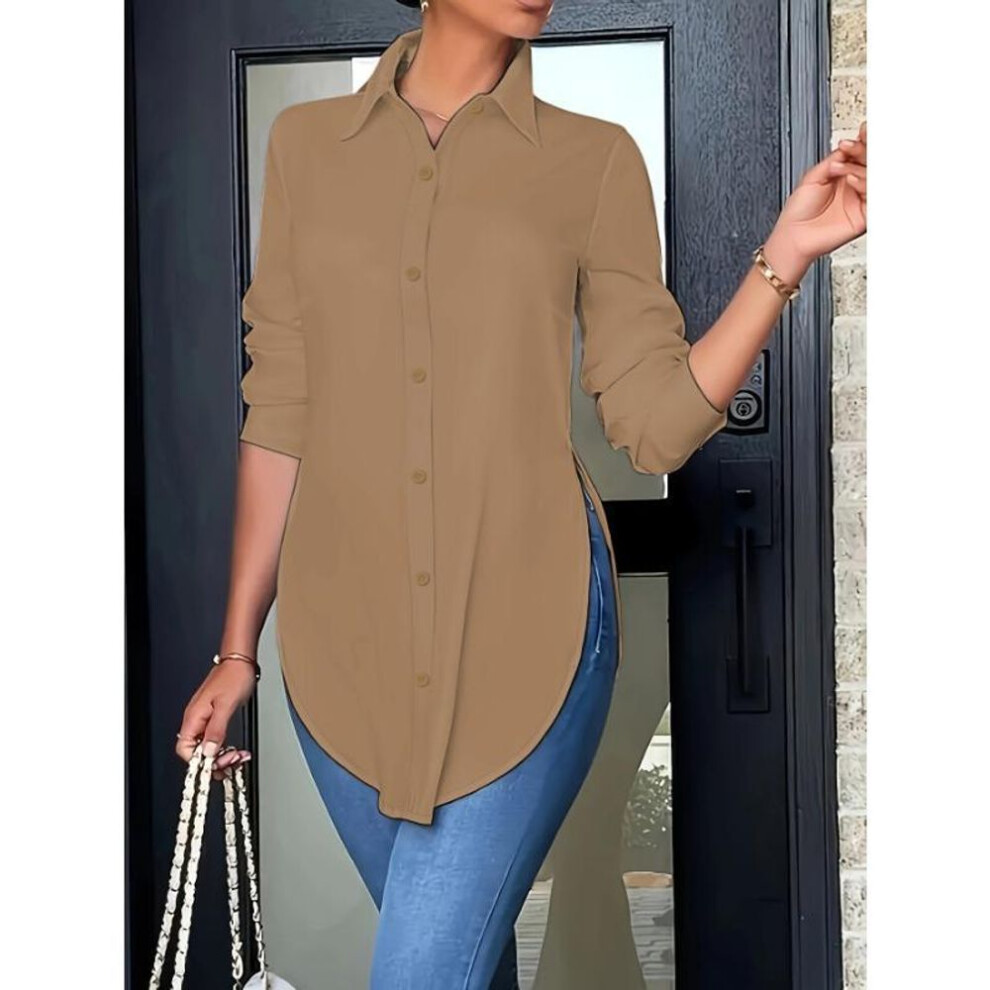 (XXL, camel) YYFS Women's Fashion Casual Spring Fall Solid Color Print Long Sleeve POLO Neck Blouses & Shirts