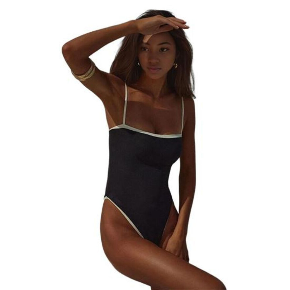(S, black) Women One Piece Bikini Vintage High Cut Swimsuit Bandeau Beachwear With Breast Pads Feminine Swimwear For Beach Vacations Surfing Pool Swimming