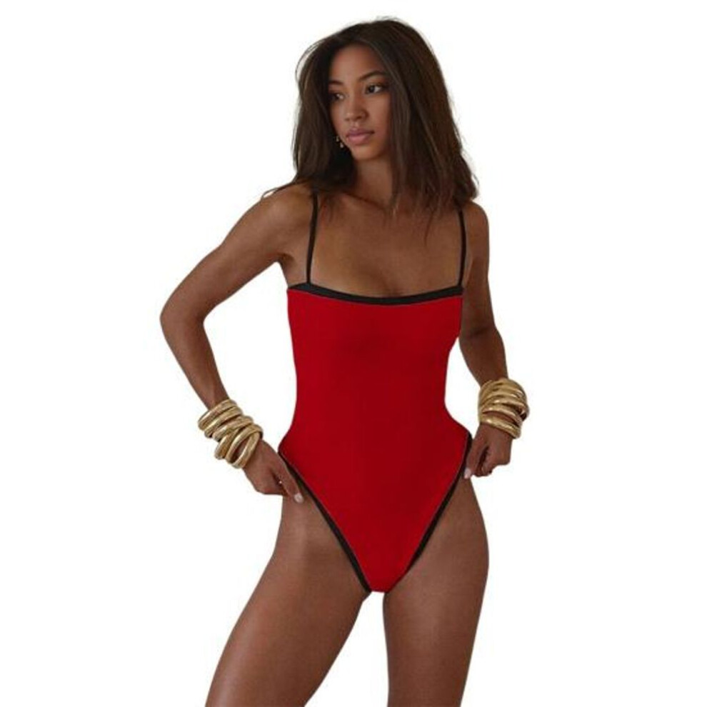 (L, red) Women One Piece Bikini Vintage High Cut Swimsuit Bandeau Beachwear with Breast Pads Feminine Swimwear for Beach Vacations Surfing Pool Swimming