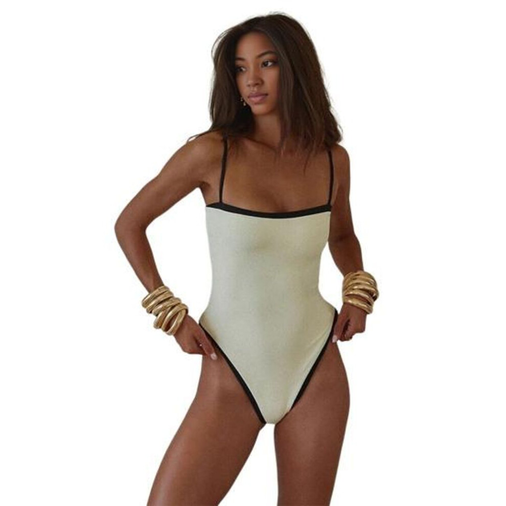 (M, beige) Women One Piece Bikini Vintage High Cut Swimsuit Bandeau Beachwear with Breast Pads Feminine Swimwear for Beach Vacations Surfing Pool Swimming