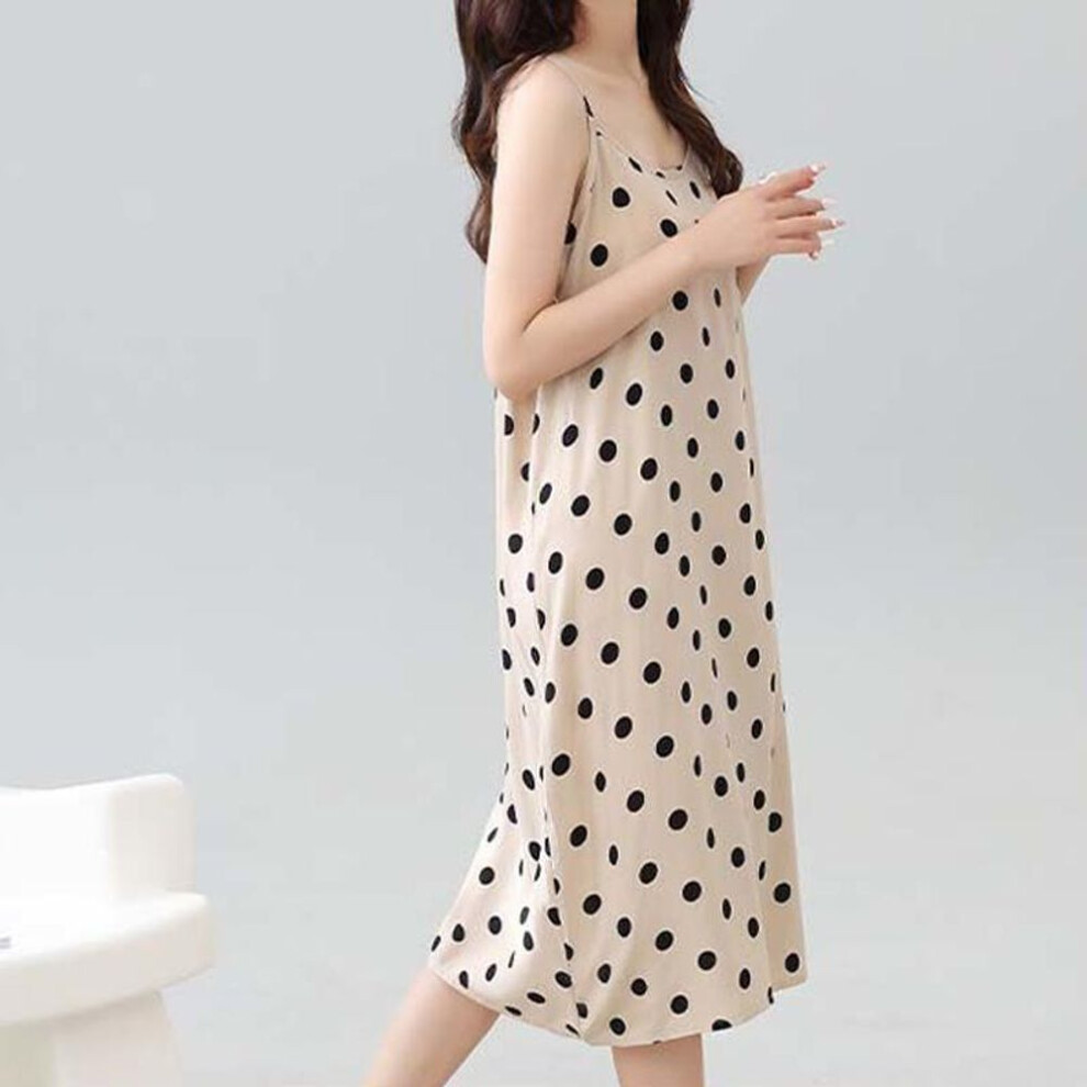 (ivory, XXXXL) Summer Thin Cotton Silk Slip Nightdress Female Black Polka Dot Base Skirt Long Pajamas Female Sleepshirt