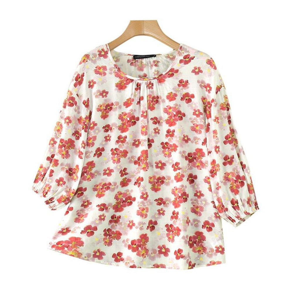 (S, red) ZANZEA Women Casual Round Neck 3/4 Sleeve Loose Floral Blouse