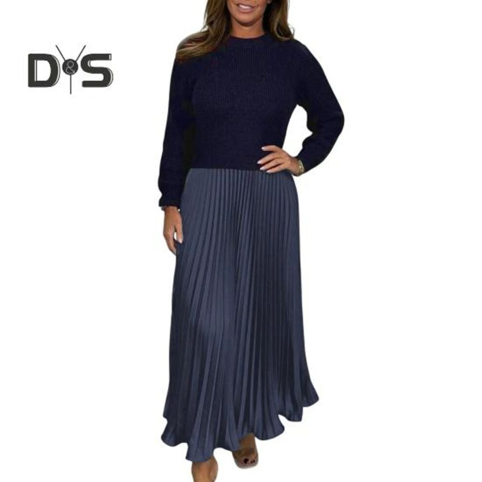 (dark blue, XXL) Autumn Winter Women Dress Fake Two-piece Knitted Sweater Pleated Skirt Patchwork Long Sleeve Round Neck A-line Maxi Dress