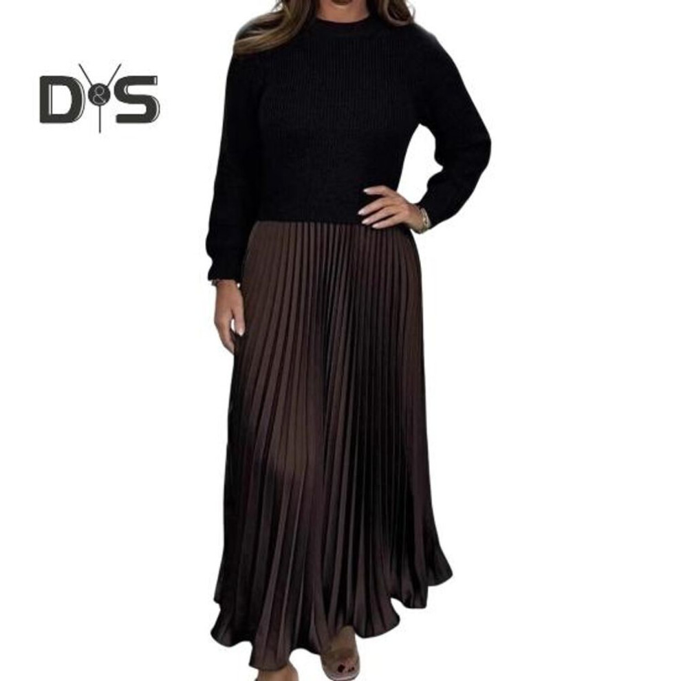 (black brown, XL) Autumn Winter Women Dress Fake Two-piece Knitted Sweater Pleated Skirt Patchwork Long Sleeve Round Neck A-line Maxi Dress