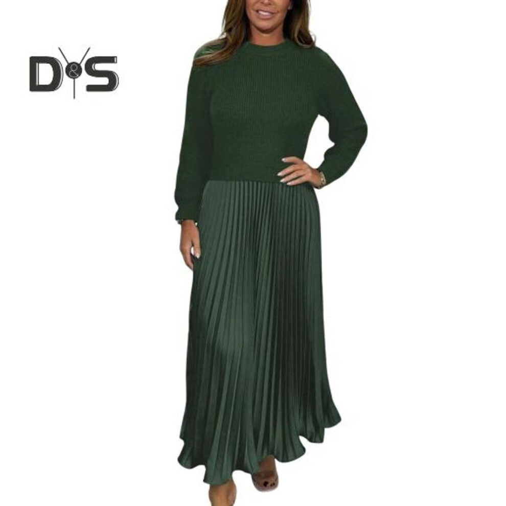 (green, XXL) Autumn Winter Women Dress Fake Two-piece Knitted Sweater Pleated Skirt Patchwork Long Sleeve Round Neck A-line Maxi Dress