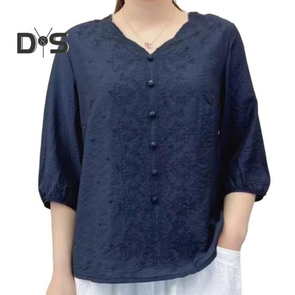 (2XL, navy blue) Women Shirt V-neck Half Sleeve Embroidery Floral Pattern Loose Fit Tops Solid Color Casual Blouse Daily Wear