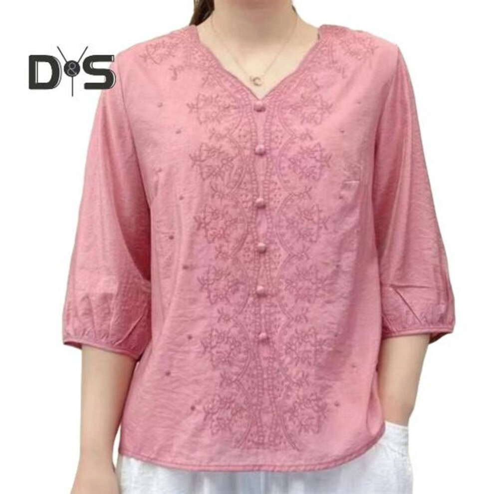(2XL, pink) Women Shirt V-neck Half Sleeve Embroidery Floral Pattern Loose Fit Tops Solid Color Casual Blouse Daily Wear