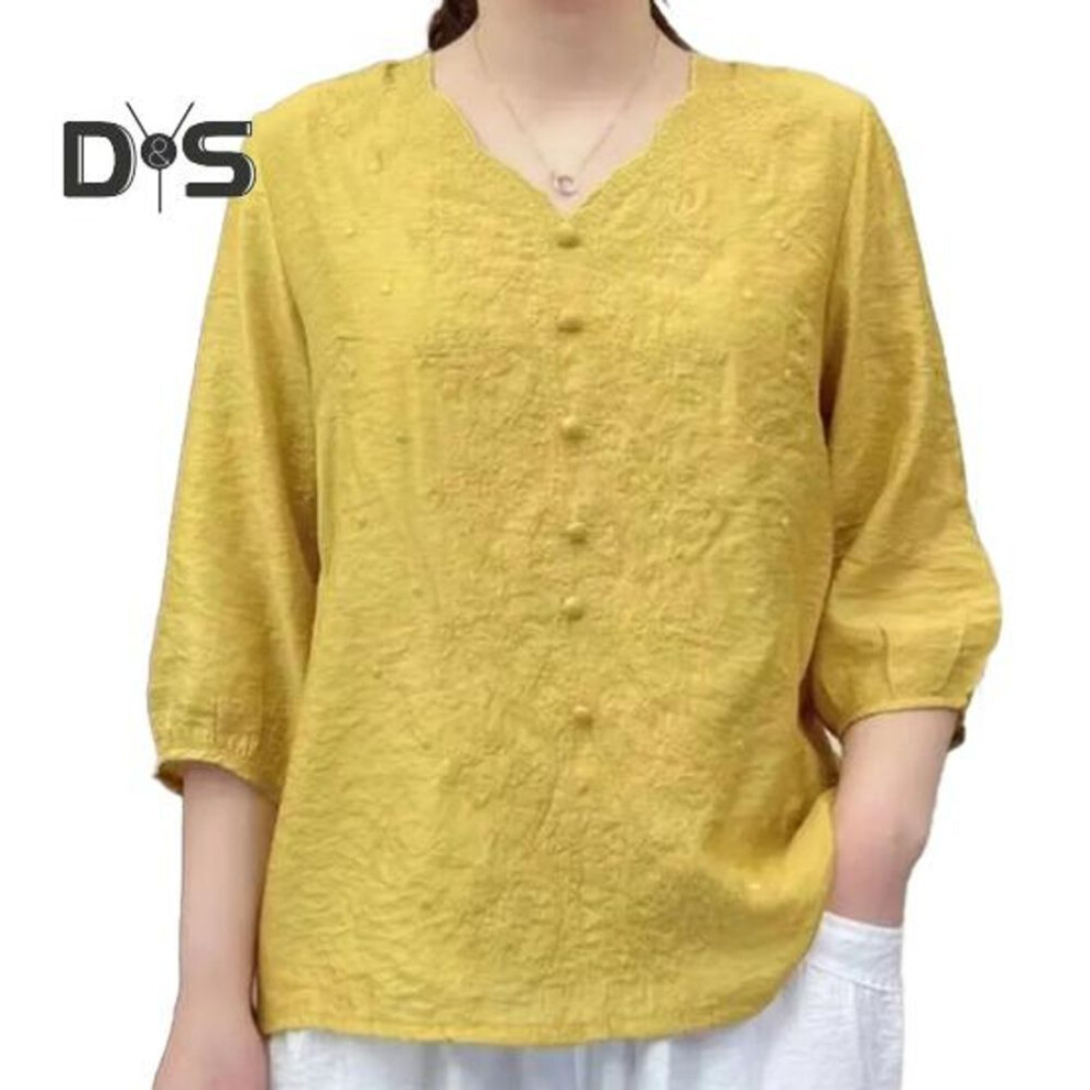 (4XL, yellow) Women Shirt V-neck Half Sleeve Embroidery Floral Pattern Loose Fit Tops Solid Color Casual Blouse Daily Wear