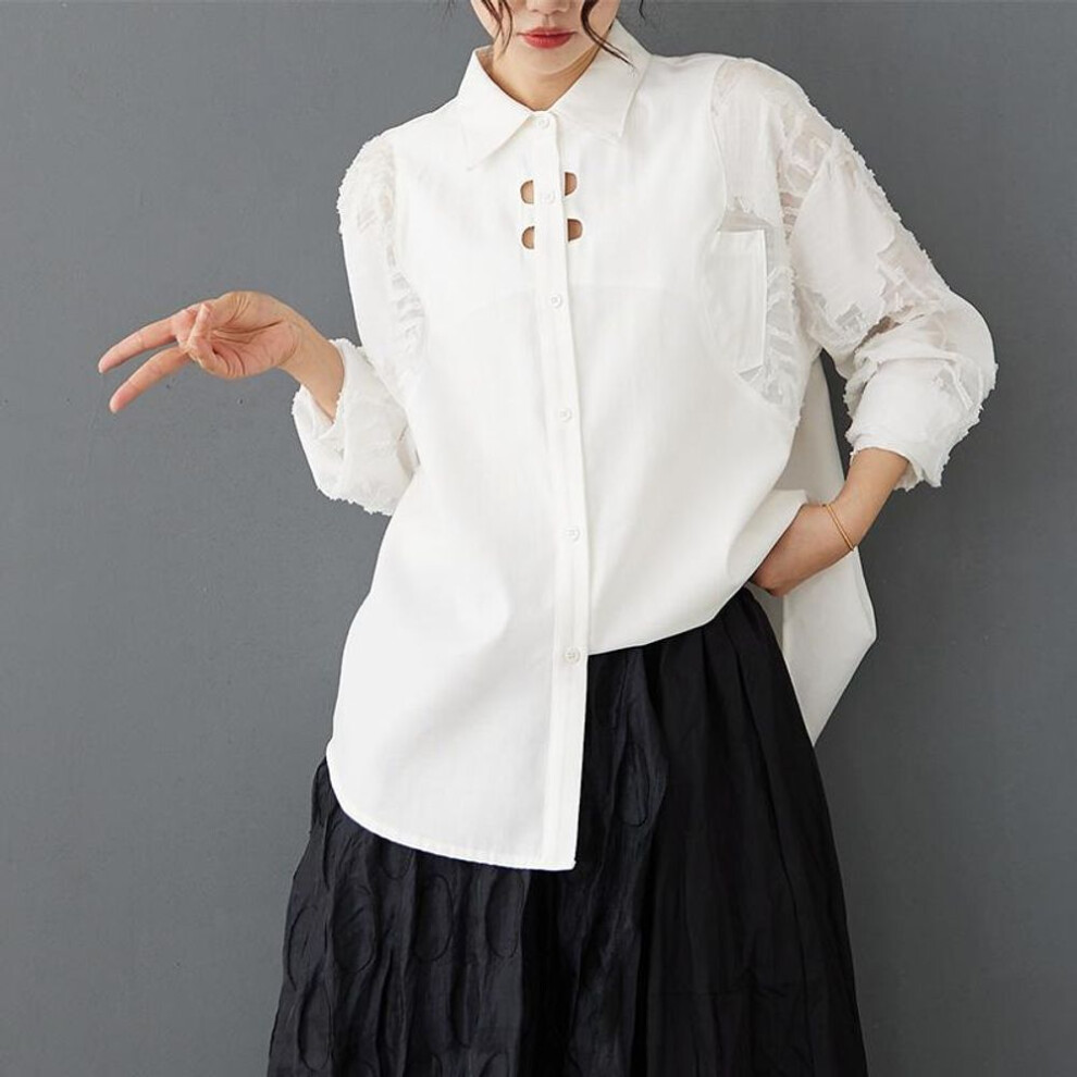 (One Size, white) Dimanaf 2025 Women Plus Size Spring Shirt Hollow Blouse Long Sleeve Buttons Fashion Tops Tees Loose White New