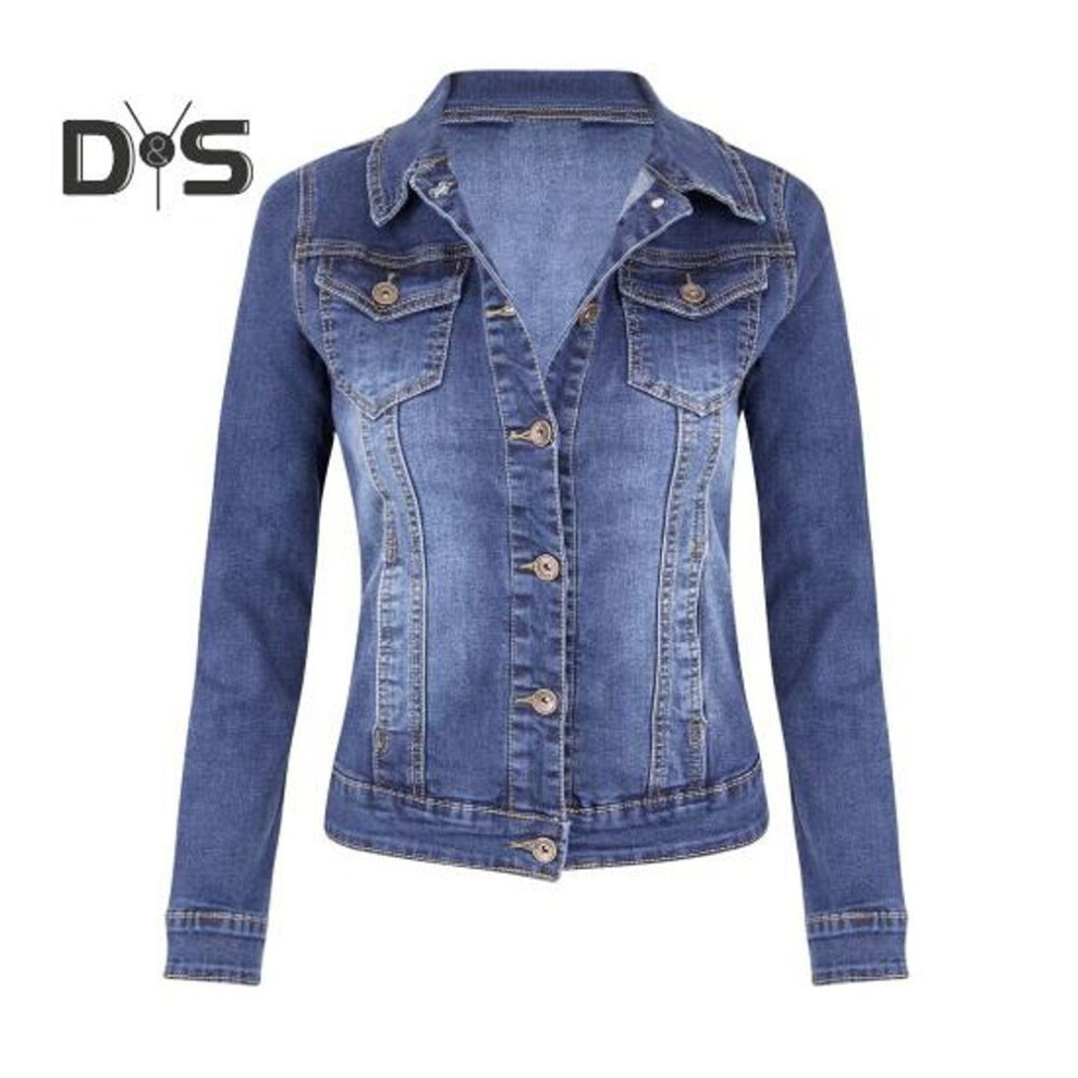 (light blue, M) Women Denim Jacket Retro Single-breasted Slim Fit Turn-down Collar Long Sleeves Solid Color Flap Pockets Lady Coat Commuting Shopping Jacket