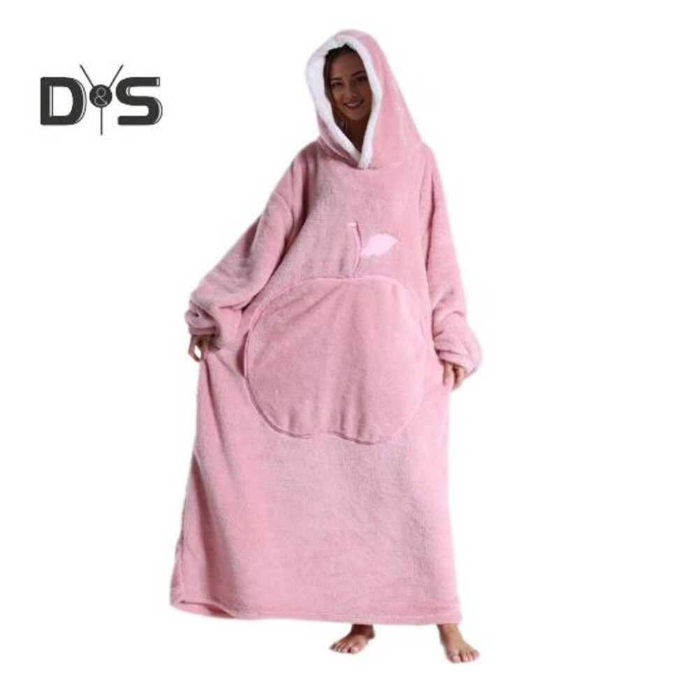 (pink) Winter Wearable Blanket Bathrobe with Big Pocket Thick Double-sided Fleece Loose Long Sleeves Pajamas Heat Retention Full Protection Home Lazy Sleeve