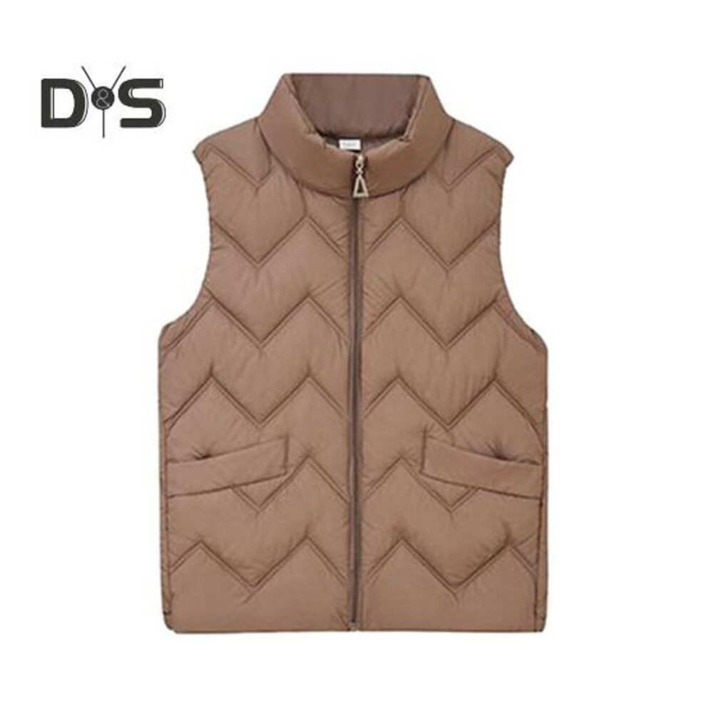 (coffee, 4XL) Women Fluffy Down Cotton Vest Jacket Solid Loose Casual Quilted Stand Collar Lightweight Zipper Closure Pockets Versatile Outerwear For Home Travel