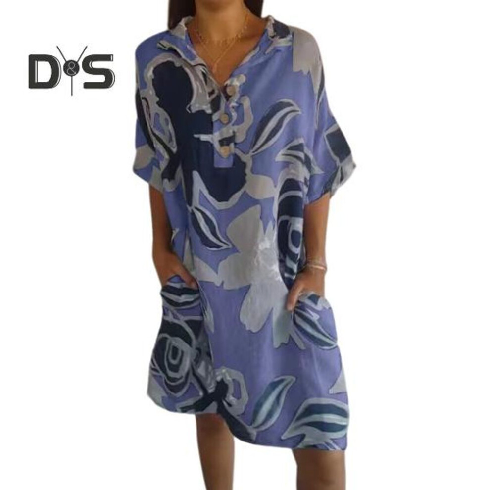 (blue, L) Women Casual Loose Dress Floral Printed A-line Maxi Dress Spring Summer Short Sleeve Dress For Office Party Beach