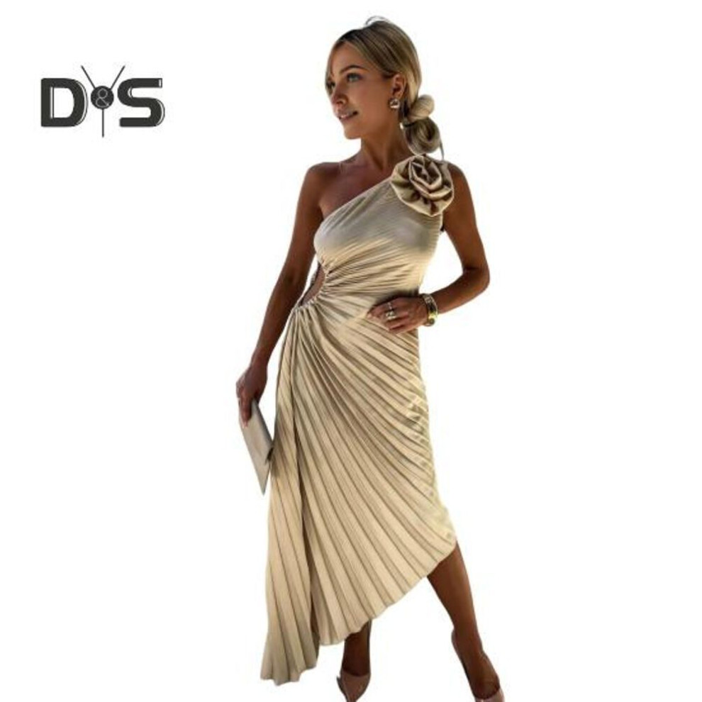 (apricot, L) Women Evening Dress One Shoulder Pleated Flower Decor Hollow Out Backless Sleeveless Irregular Hem Cocktail Party Wedding Midi Dress